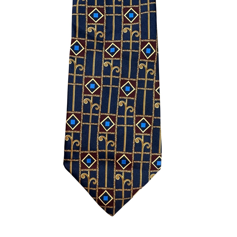 Domani Uomo Mens Silk Tie Navy Blue Gold Geometric Italian Made Silk Necktie